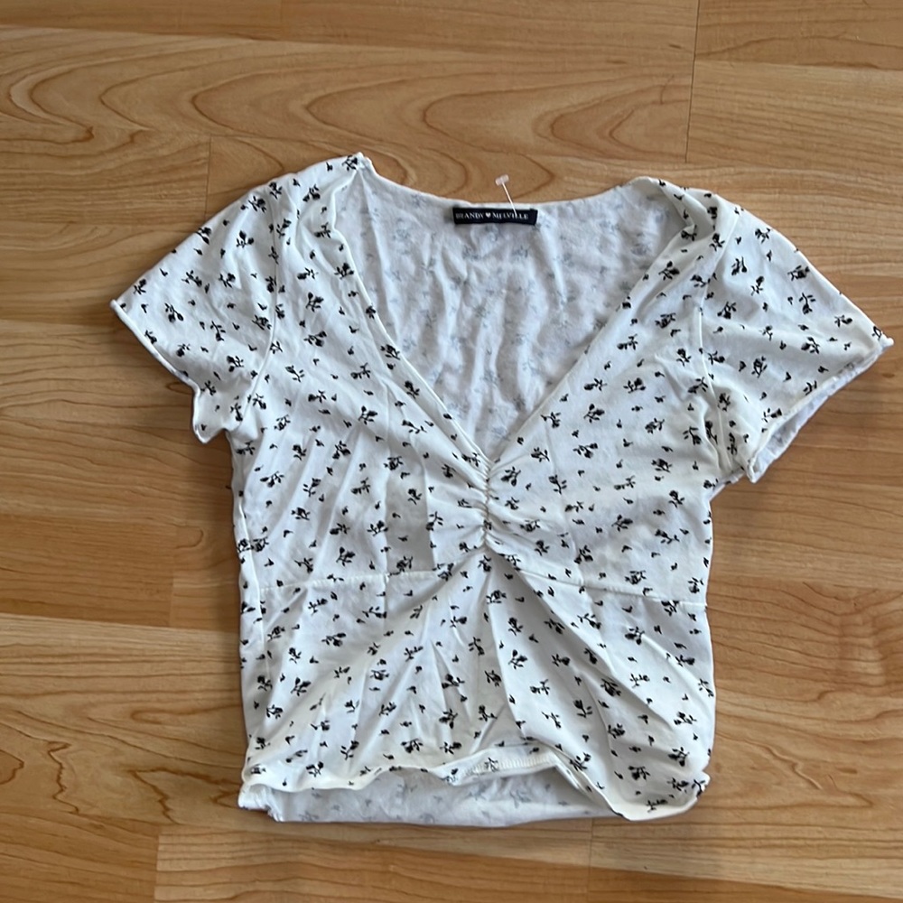 Brandy Melville White and Black Floral Top